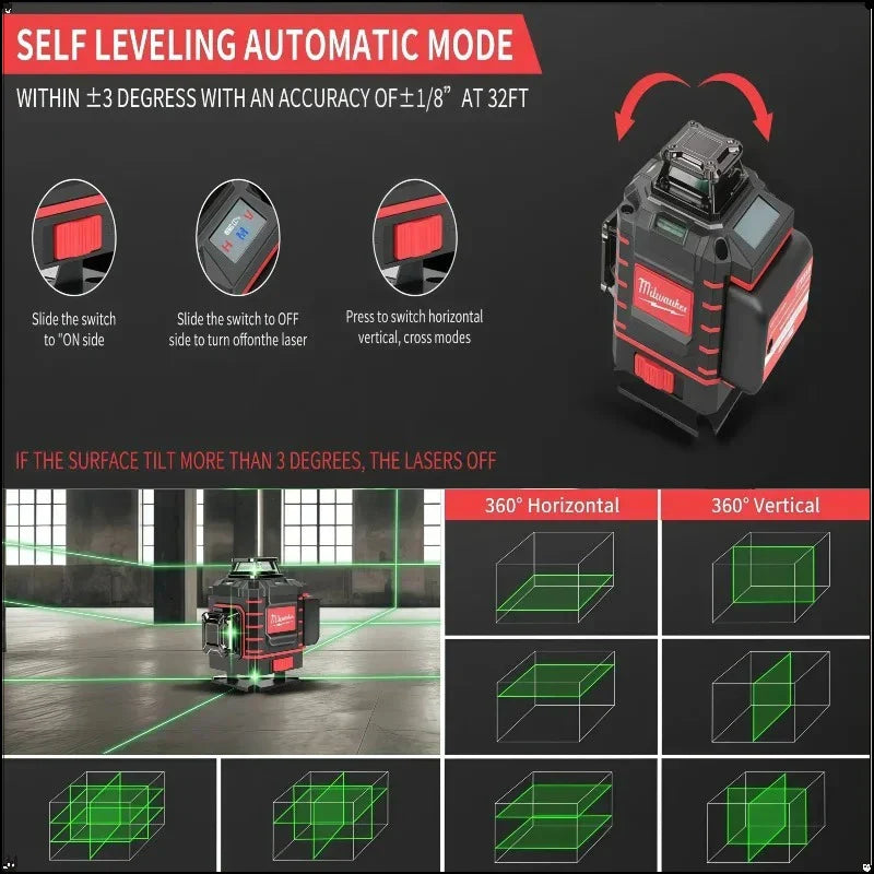 Milwaukee 3D/4D Laser Level 12/16 Lines Horizontal And Vertical Control 16 Lines 360° Self-leveling Laser Levels Power Tools